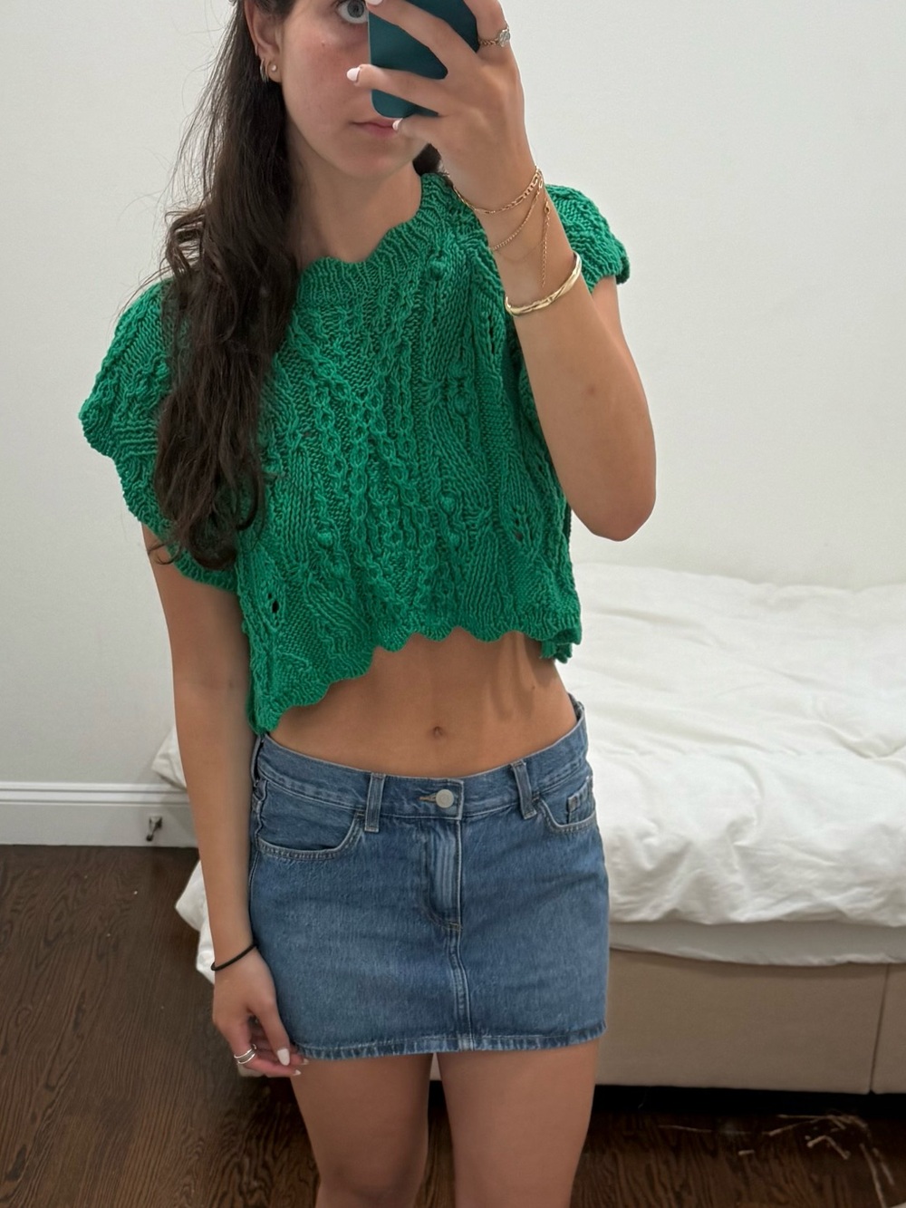 Zara Emerald Green Cropped crochet  Knit Top size small